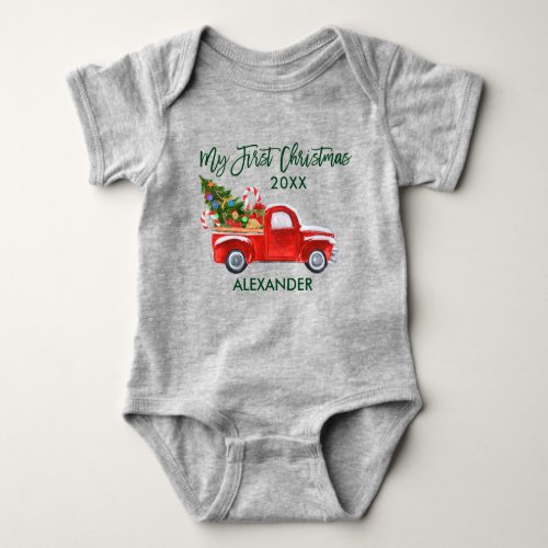 My First Christmas Red Truck Candy Canes Gray Baby Bodysuit
