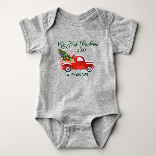 My First Christmas Red Truck Candy Canes Gray Baby Bodysuit (Front)