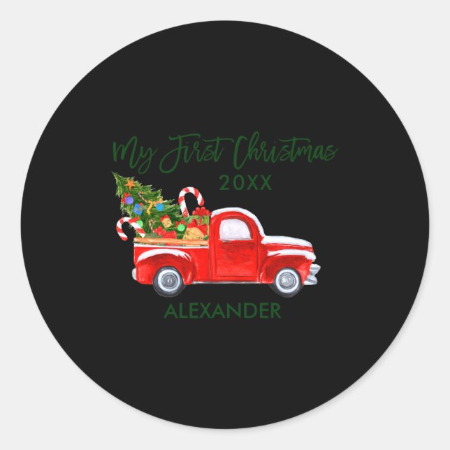 My First Christmas Red Truck Candy Canes Gray Baby Classic Round Sticker (Front)