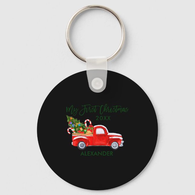 My First Christmas Red Truck Candy Canes Gray Baby Keychain (Front)