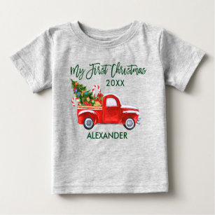 My First Christmas Red Truck Candy Canes Gray Baby T-Shirt