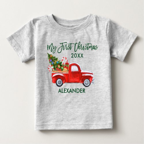 My First Christmas Red Truck Candy Canes Gray Baby T_Shirt