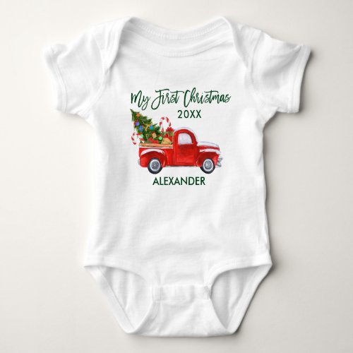 My First Christmas Red Truck Candy Canes Green Baby Bodysuit
