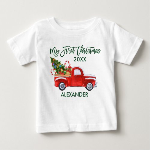 My First Christmas Red Truck Candy Canes Green Baby T_Shirt