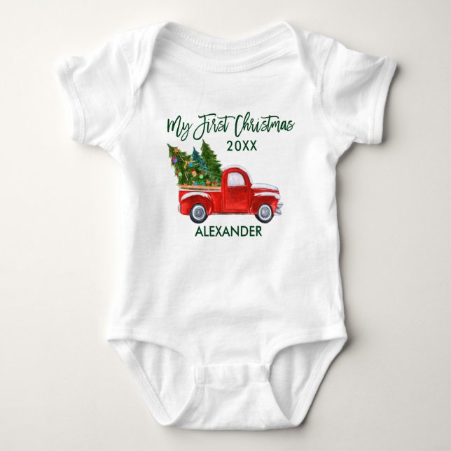 My First Christmas Red Truck Green Script Baby Bodysuit (Front)