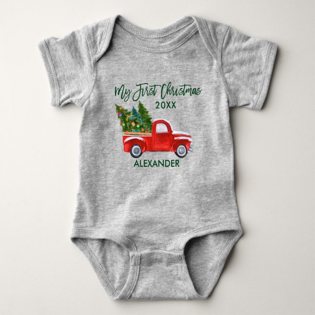 My First Christmas Red Truck Green Script Gray Baby Bodysuit (Front)