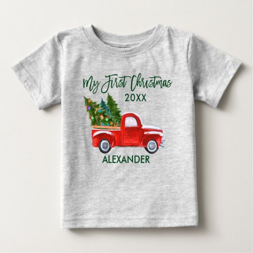 My First Christmas Red Truck Green Script Gray Baby T_Shirt