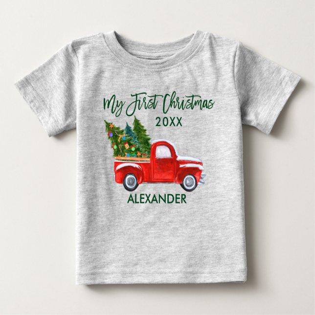 My First Christmas Red Truck Green Script Gray Baby T-Shirt (Front)
