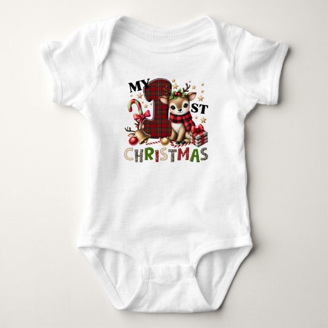My First Christmas Reindeer Cute  Baby Bodysuit (Front)