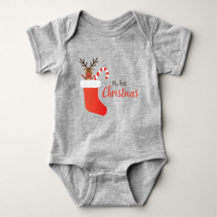 My First Christmas Reindeer In A Stocking Red Baby Bodysuit