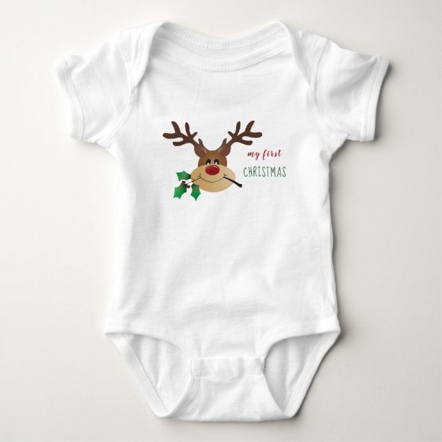 My First Christmas Reindeer Mistletoe Baby Bodysuit (Front)
