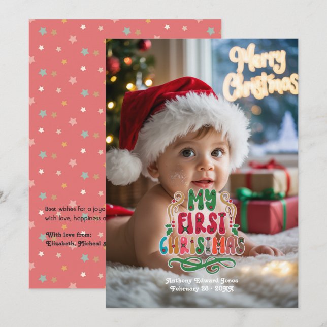 "My First Christmas" Retro Baby Photo Holiday Card (Front/Back)