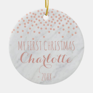 My First Christmas rose gold and marble Confetti Ceramic Ornament