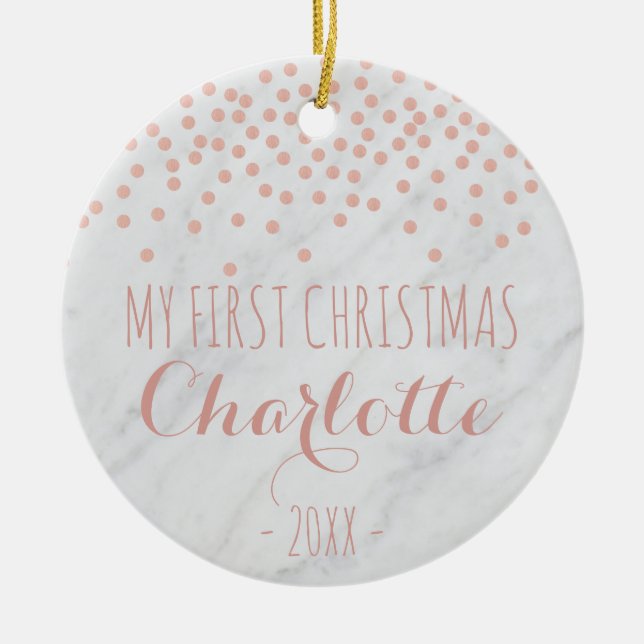My First Christmas rose gold and marble | Confetti Ceramic Ornament (Front)