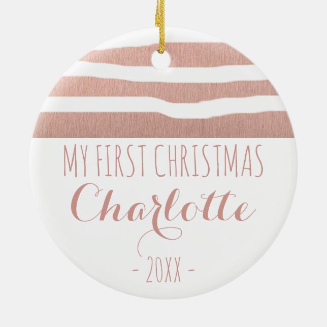 My First Christmas rose gold handrawn stripes Ceramic Ornament (Back)