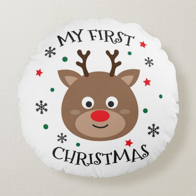 My First Christmas Rudolph Round Pillow (Front)