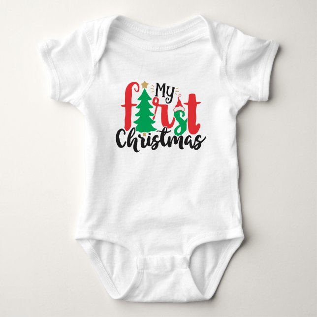 My First Christmas Santa Hat Tree Red Green Baby Bodysuit (Front)