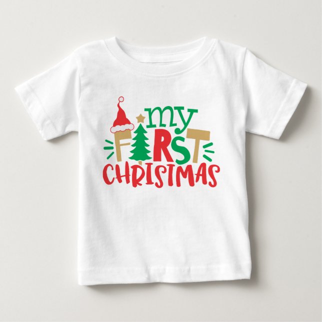 My First Christmas Santa Hat Tree Red Green Baby T-Shirt (Front)
