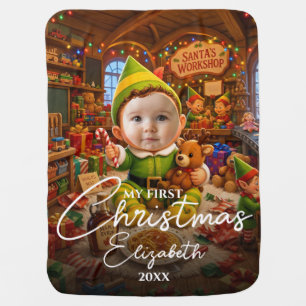 My First Christmas Santas Helper Photo Birth Stats Baby Blanket
