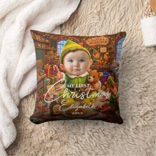 My First Christmas Santas Helper Photo Birth Stats Throw Pillow