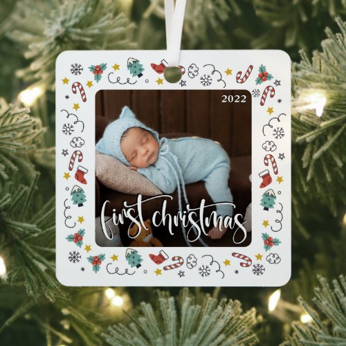 My First Christmas Script Baby Birth Stats  Photo Metal Ornament