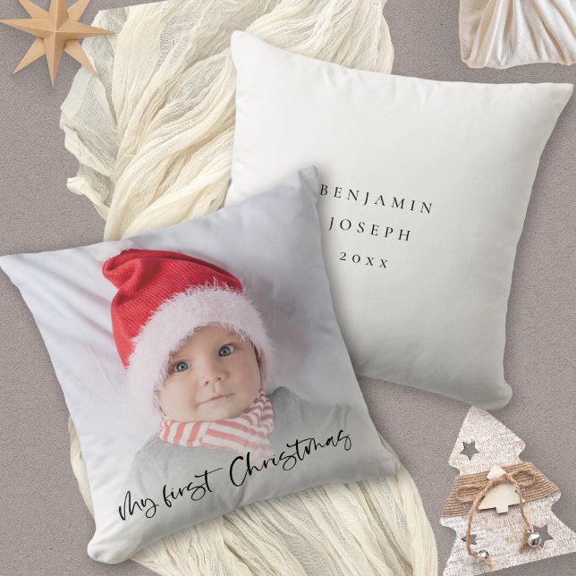 My First Christmas Script Baby Photo Name Year Throw Pillow (Front and back view)