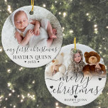 My First Christmas Script New Baby Photo Ceramic Ornament<br><div class="desc">Personalized My First Christmas Baby Photo Ornament. Celebrate your newborn’s first Christmas with this sweet, custom ornament, capturing the joy of their very first holiday season. The front features a space for a cherished photo of your little one with the phrase "My First Christmas" in elegant script calligraphy, along with...</div>