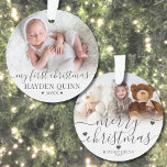 My First Christmas Script New Baby Photo Ornament<br><div class="desc">Personalized My First Christmas Baby Photo Ornament. Celebrate your newborn’s first Christmas with this sweet, custom ornament, capturing the joy of their very first holiday season. The front features a space for a cherished photo of your little one with the phrase "My First Christmas" in elegant script calligraphy, along with...</div>