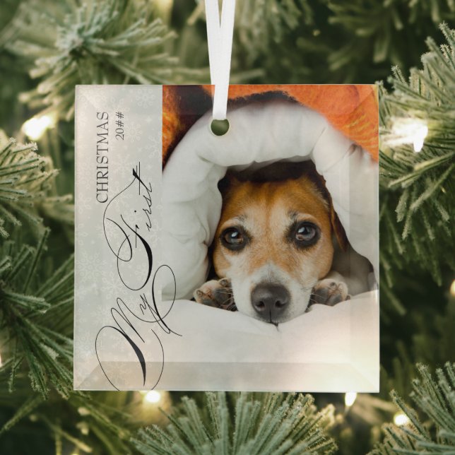 My First Christmas Script Vertical Photo Snowflake Glass Ornament (Insitu)