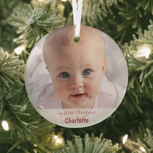 My First Christmas Simple Baby Photo Handwriting   Glass Ornament