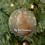 My First Christmas Snowflakes Cat Photo Ceramic Ornament<br><div class="desc">Did you get a new kitten this year? Add a memory to your tree with this modern keepsake ornament featuring a simple yet elegant design with the message "My First Christmas" in white chalk script and snowflakes along with your cat's name and the year, over your favorite photo. Add the...</div>