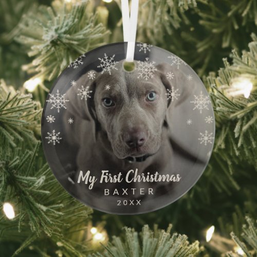 My First Christmas Snowflakes Dog Photo Glass Ornament