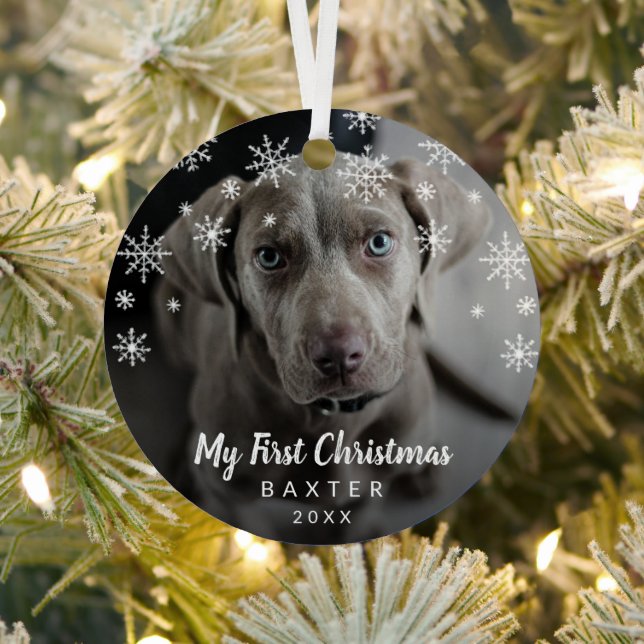 My First Christmas Snowflakes Dog Photo Metal Ornament (Insitu)