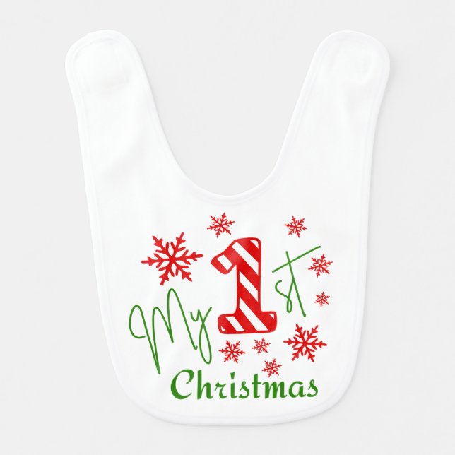 My First Christmas Snowflakes Red & Green Festive Baby Bib (Front)