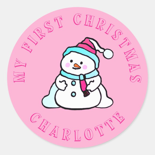 My First Christmas | Snowman Custom Pink Classic Round Sticker (Front)