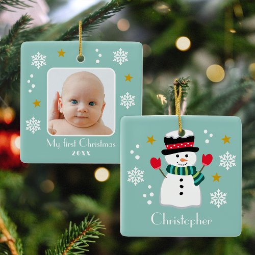 My First Christmas Snowman Photo Name Blue Green  Ceramic Ornament