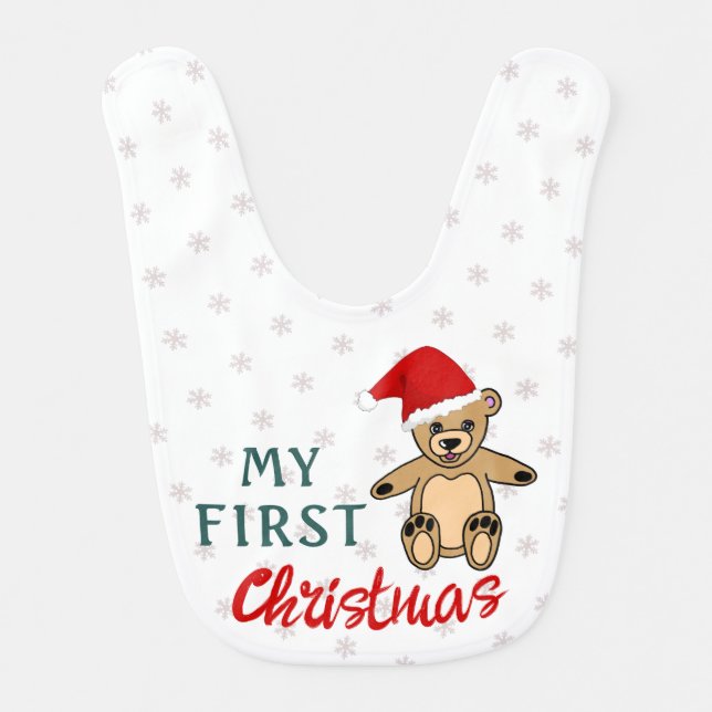 My First Christmas Teddy Bear Baby`s First  Baby Bib (Front)
