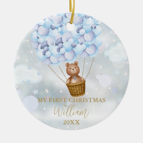 My First Christmas Teddy Bear Blue Balloons Photo Ceramic Ornament