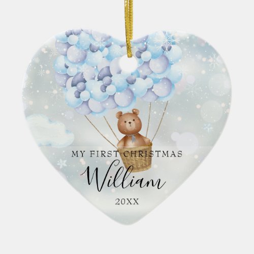 My First Christmas Teddy Bear Blue Balloons Photo Ceramic Ornament