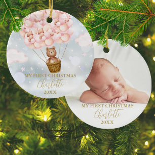 My First Christmas Teddy Bear Pink Balloons Photo Ceramic Ornament
