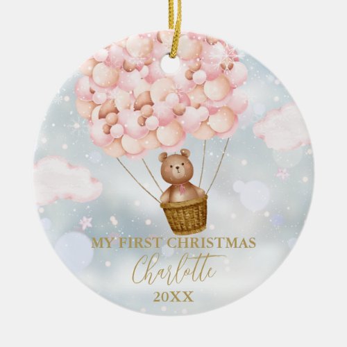 My First Christmas Teddy Bear Pink Balloons Photo Ceramic Ornament