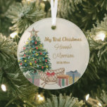 My First Christmas Tree and Crib New Baby Glass Ornament<br><div class="desc">My First Christmas holiday ornament keepsake with new baby name and date of birth. The design features a lit christmas tree with crib and gift wrapped presents. Perfect keepsake gift for a new baby.</div>