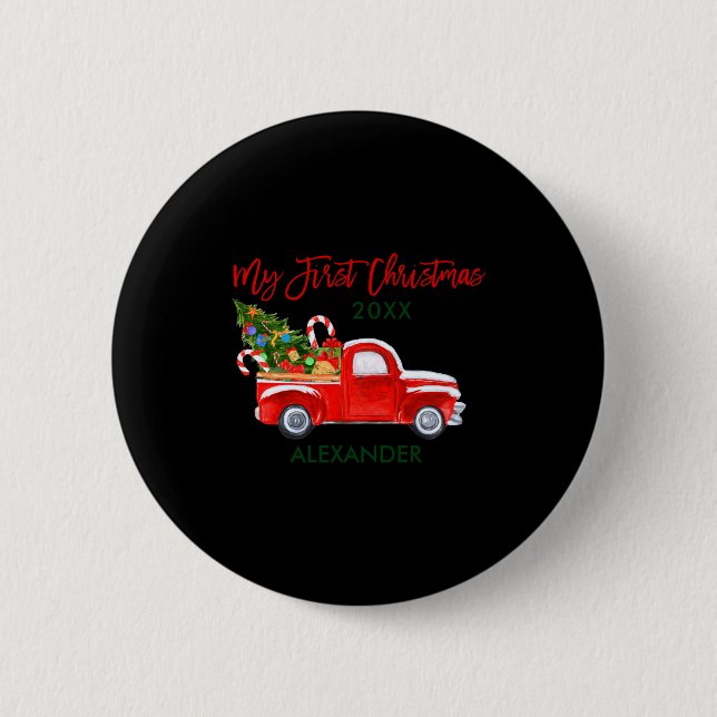 My First Christmas Truck Candy Canes Green Red Bab Button (Front)