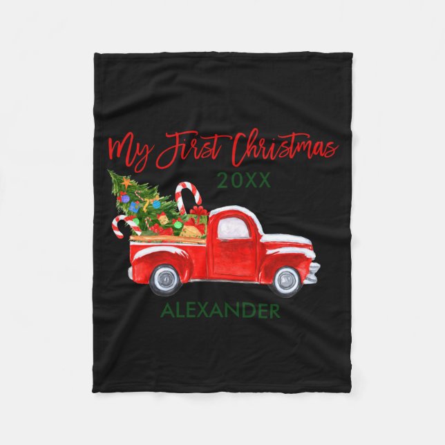 My First Christmas Truck Candy Canes Green Red Bab Fleece Blanket (Front)