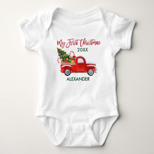 My First Christmas Truck Candy Canes Green Red Baby Bodysuit