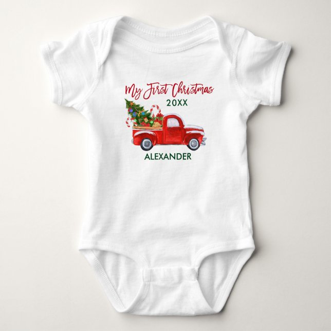 My First Christmas Truck Candy Canes Green Red Baby Bodysuit (Front)