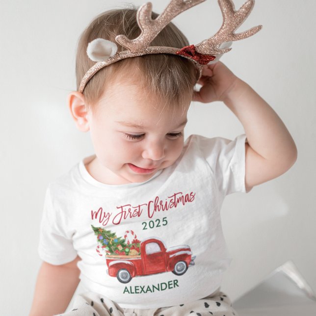 My First Christmas Truck Candy Canes Green Red Baby T-Shirt (Customize to change text color. Many sizes to choose from.)