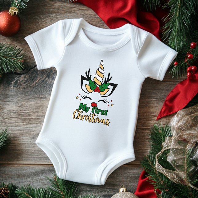 My First Christmas Typography Cute Festive Unicorn Baby Bodysuit (Creator Uploaded)