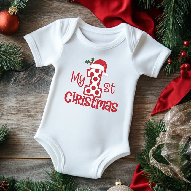 My First Christmas Typography Cute Red Polka Dot  Baby Bodysuit (Creator Uploaded)
