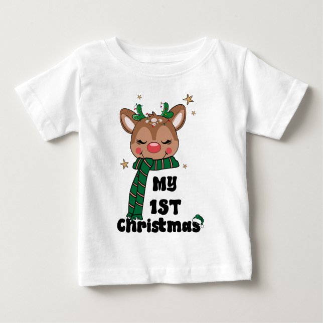 My First Christmas Typography Cute Reindeer Baby T-Shirt (Front)